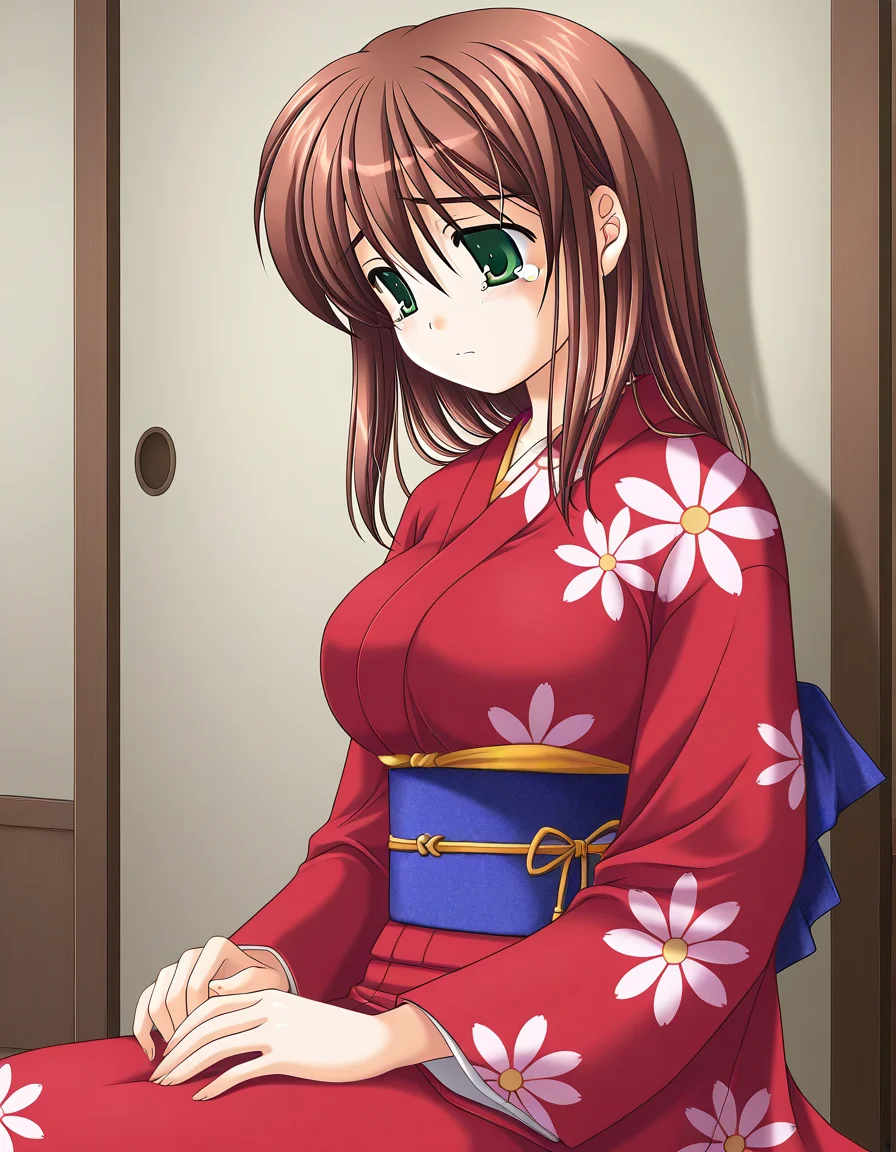 general,highres, ultra-detailed,very aesthetic,best quality ,best hands, BREAK <lora:Yotsutani_Asako_IS:1>YotsutaniAsako, 1girl,solo, brown hair, green eyes, large breasts, long hair,
1girl, solo, japanese clothes, kimono, sitting, long sleeves, red kimono, sash, obi, tears, sad,