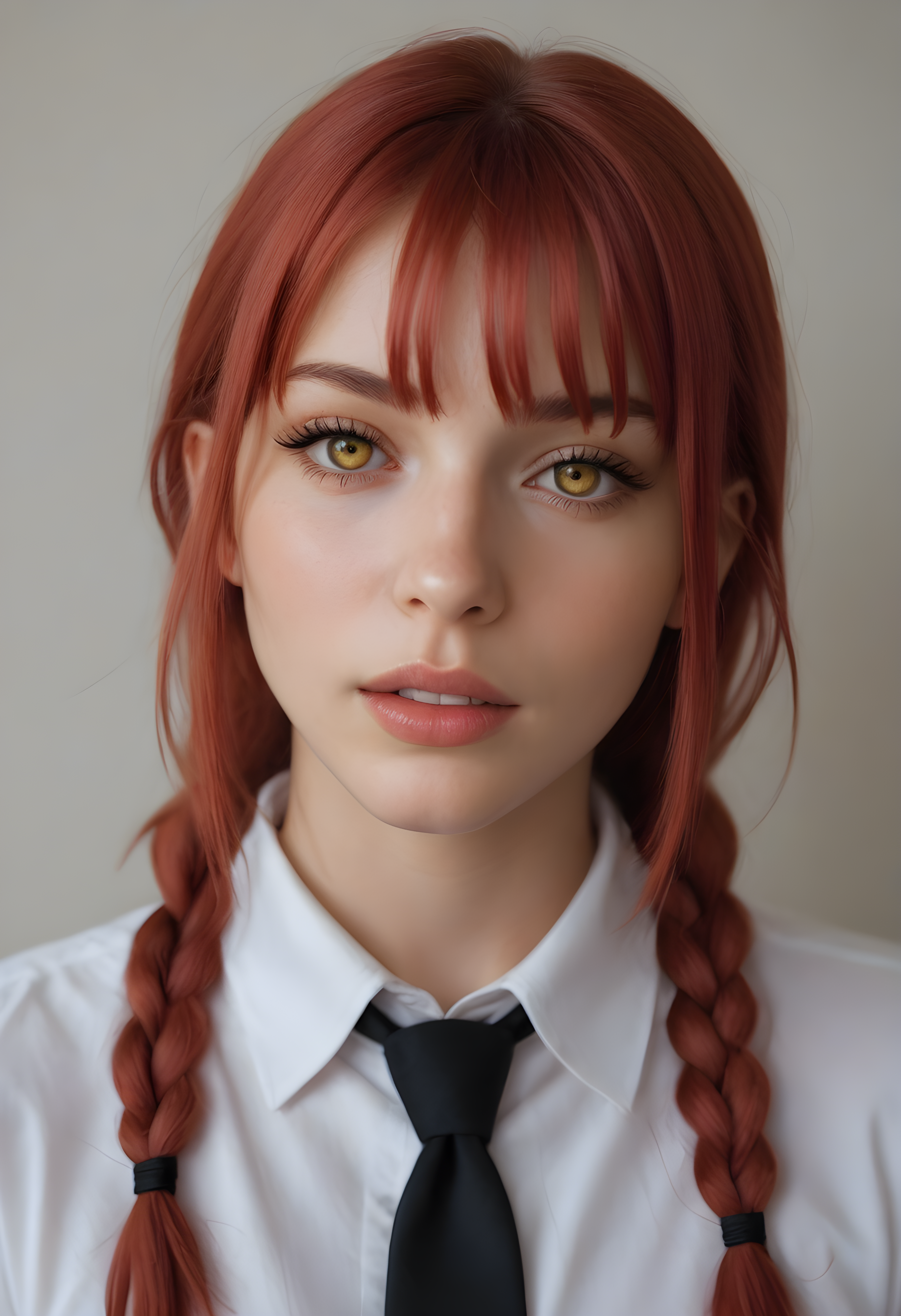 score_9, score_8_up, score_7_up, BREAK, The image shows a woman with long pink hair wearing a white shirt and black tie, standing in front of a white wall with a chair to her right. realistic, makima \(chainsaw man\), 1girl, solo, long hair, looking at viewer, open mouth, bangs, shirt, yellow eyes, white shirt, braid, red hair, necktie, teeth, collared shirt, eyelashes, ground vehicle, black necktie, motor vehicle, braided ponytail, car, ringed eyes,  photo, real hair, detailed skin, highly detailed, detailed skin, film grain, <lora:zy_AmateurStyle_v2:0.45>