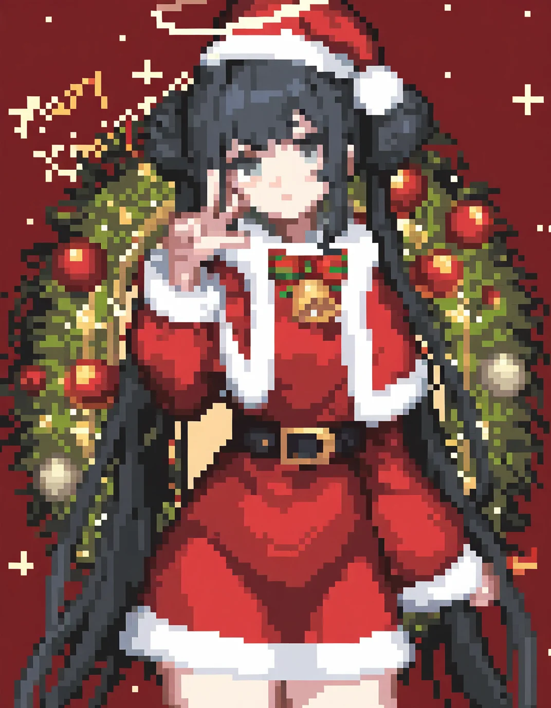 masterpiece,best quality,<lora:dnfpix:0.8>,pixel art,dnf pixel, 1girl, solo, halo, hair bun, double bun, santa costume, long hair, hat, black hair, christmas, holding, fur trim, phone, holding phone, sitting, belt, santa hat, blush, bell, w, long sleeves, looking at viewer, bangs, twintails, cellphone, merry christmas, dress, grey eyes, closed mouth, very long hair, v, ...