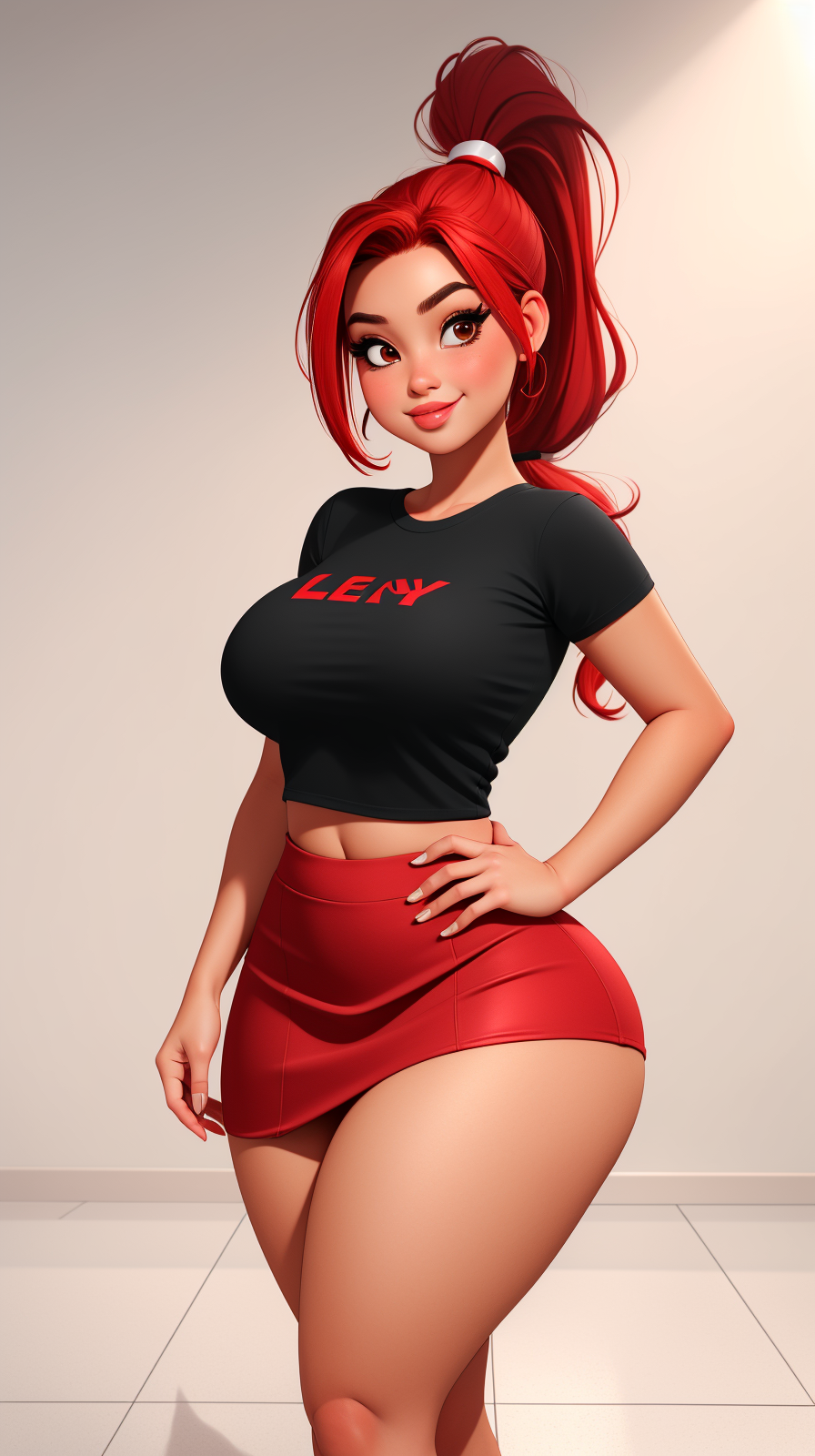 high detailed, masterpiece <lora:p3r3zstyle_v2:0.6> 1girl, posing sexy, subtle smile,  pouting, full lips, red hair,  high ponytail, brown eyes, perfect hands, big breast, wide hips, thick thighs, black tshirt, crop top, red skirt, red high heel boots, clean scene, white background, white wall, shinny floor, white floor