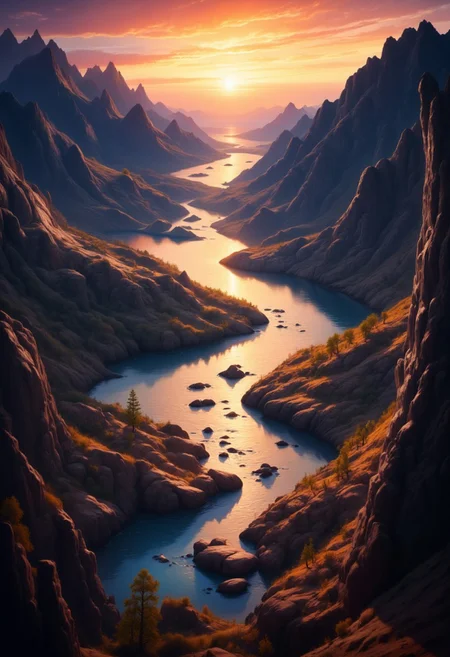 On the ground you can see the majestic land and river, and in the distance the sun rising over the horizon.
depth of field, masterpiece, best quality, 8k, ultra-detailed, very aesthetic, superb composition, finest details, intricate details, absurdres, high contrast, DreamArt,