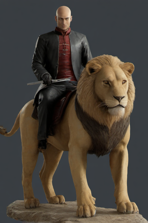 masterpiece,high quality,
 <lora:PE_Hitman47:0.8>  PEHitman,
riding a lion,sitting on a lion