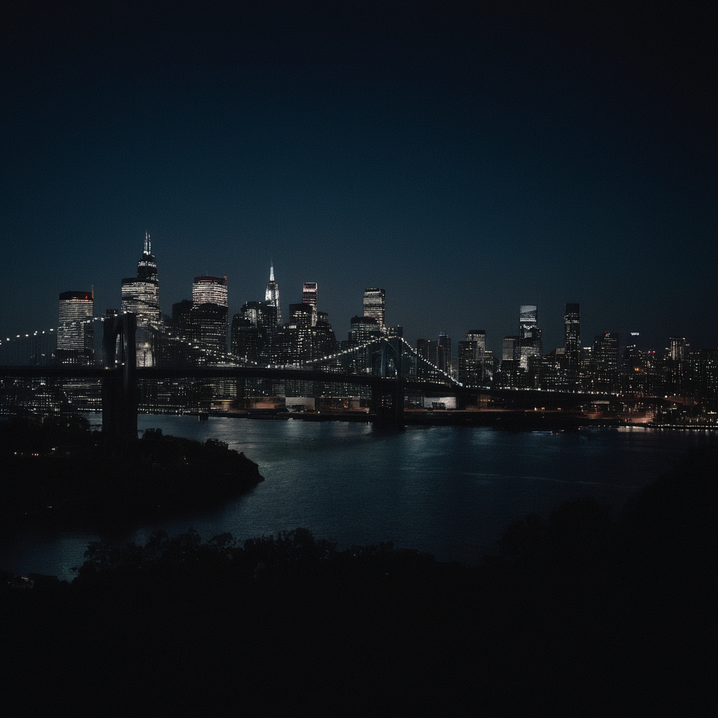 cinematic film still of  <lora:Chiaroscuro Lighting Style:1>
dramatic, cinematic, shadow, partially covered in shadow, a city skyline at night with a bridge in the foreground Chiaroscuro Lighting Style, outdoors, sky, no humans, night, building, night sky, scenery, city, cityscape, dark, skyscraper, city lights, low light, dim light, shallow depth of field, vignette, highly detailed, high budget, bokeh, cinemascope, moody, epic, gorgeous, film grain, grainy