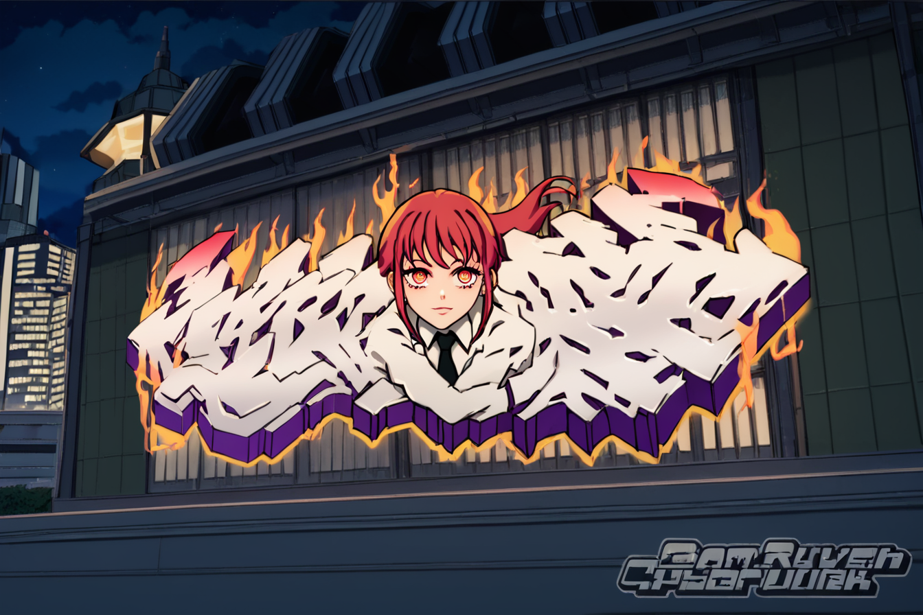 score_9, score_8_up, score_7_up, score_6_up, score_5_up, score_4_up, <lora:Character_graffiti_Pony-000012:1>, character graffiti, graffiti, building, night, sky, outdoors, moon, night sky, front view, <lora:mak1ma0XL_Pony_v1:0.8>, mak1ma0, red hair, long hair, ringed eyes, blackjacket, white collared shirt, black necktie, black pants, masterpiece, highres, highly detailed face, highly detailed shining eyes, symmetrical highly detailed eyes