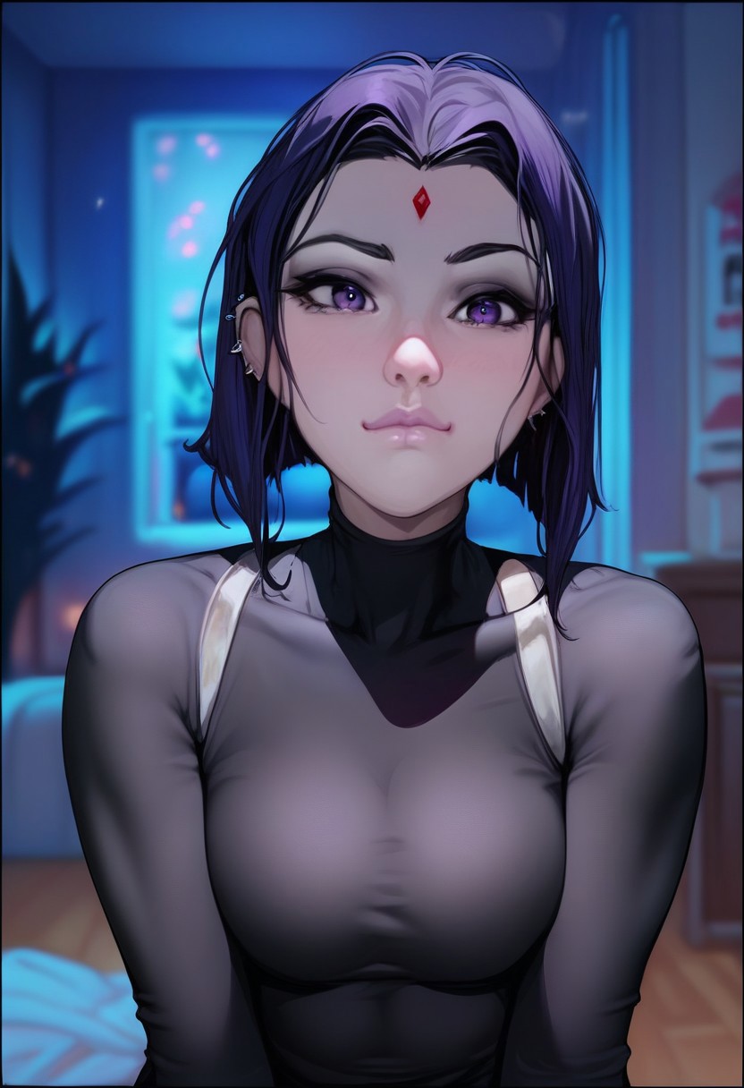 Score_9, score_8_up, score_7_up, Source_cartoon, 1girl,  girl, cute face, kawaii, indoors, teen, Raven, darkness, night,  closed mouth, portrait