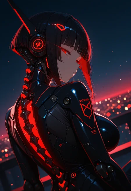 (masterpiece, best quality:1.2), amazing quality, very aesthetic, 32k, absurdres, newest, scenery,
1girl, solo, upper body, red eyes, looking back, large breasts, bodysuit, glowing, bangs, from behind, glowing eyes, blunt bangs, black hair, android, mechanical arms, mechanical parts, cyborg, back, science fiction, sitting, blurry background, sidelocks, headgear, spine, closed mouth, city lights
,half-closed eyes,
,dutch angle, dark background, (night:0.8), blurry background, glowing light particles, depth of field <lora:PHM_style_IL_v3.3:1.0>