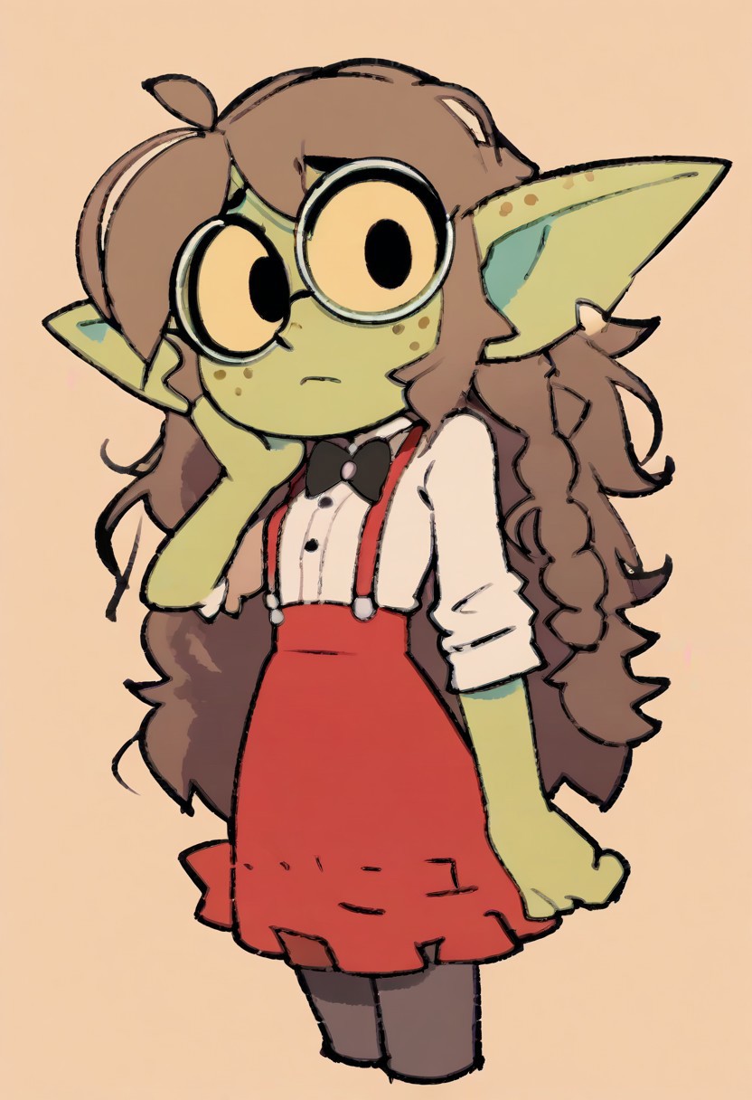 score_9, score_8_up, score_7_up, score_6_up, score_5_up, score_4_up, (solo:1.2) ((goblin, green skin, dark skin, halfling, (pointed ears, big ears, horizontal ears, big eyes:1.2), (short stature:1.35), slim, thin, petite, feminine, tiny breasts, small breasts, pale skin, (freckles:1.2), yellow sclera, black eyes, young, (notched ears:1.2)), (dress shirt, short sleeves, rolled sleeves, skirt, buttoned skirt, suspenders, large round glasses, beige clothing, dark red skirt, dark red suspenders, frills, frilly clothing, lacy clothing, tights, stockings, puffy skirt, bowtie, (oversized baggy clothing:1.35)), (hair, long hair, boyish hair, bangs, braids, brown hair, unkempt hair, raggedy hair, (fluffy hair:1.2)), (shy, timid, neutral expression), simple background, (cowboy shot:1.2), (tmchng, flat color, sketch, chibi), hazbin
