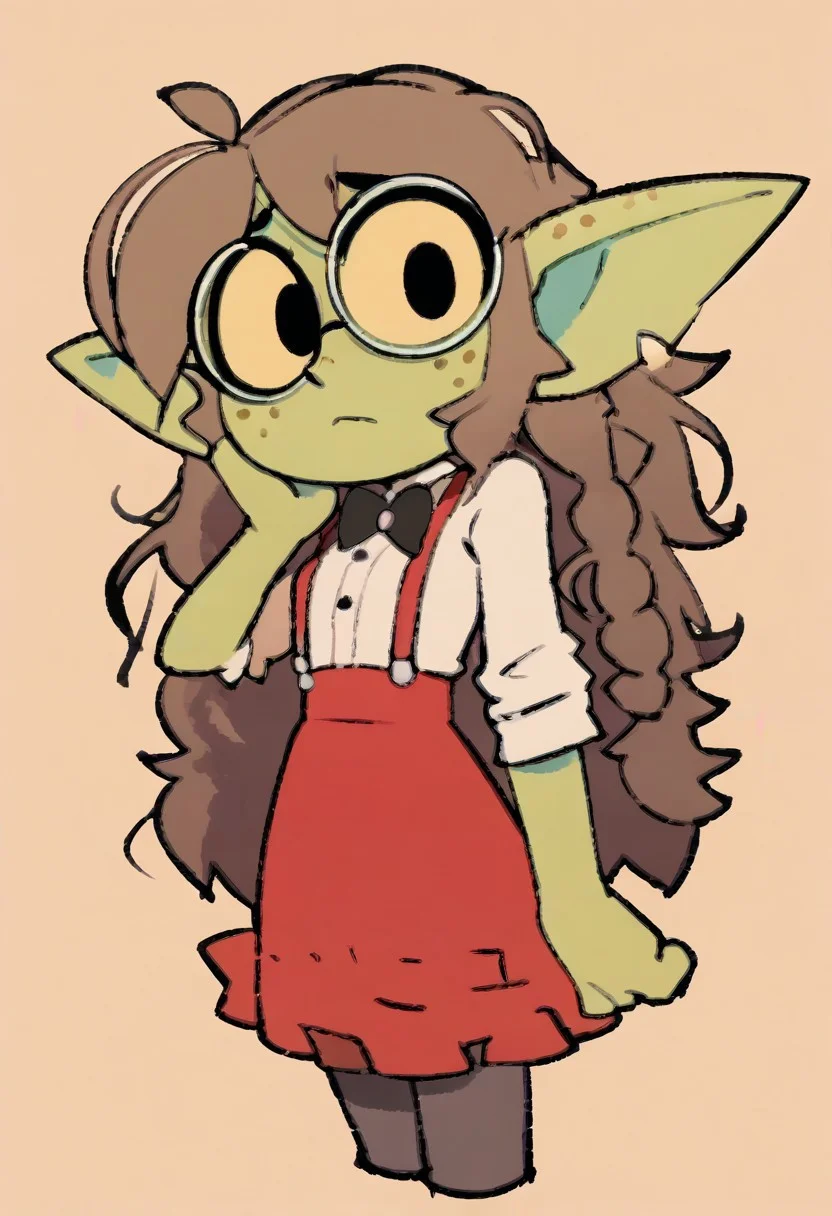 score_9, score_8_up, score_7_up, score_6_up, score_5_up, score_4_up, (solo:1.2) ((goblin, green skin, dark skin, halfling, (pointed ears, big ears, horizontal ears, big eyes:1.2), (short stature:1.35), slim, thin, petite, feminine, tiny breasts, small breasts, pale skin, (freckles:1.2), yellow sclera, black eyes, young, (notched ears:1.2)), (dress shirt, short sleeves, rolled sleeves, skirt, buttoned skirt, suspenders, large round glasses, beige clothing, dark red skirt, dark red suspenders, frills, frilly clothing, lacy clothing, tights, stockings, puffy skirt, bowtie, (oversized baggy clothing:1.35)), (hair, long hair, boyish hair, bangs, braids, brown hair, unkempt hair, raggedy hair, (fluffy hair:1.2)), (shy, timid, neutral expression), simple background, (cowboy shot:1.2), (tmchng, flat color, sketch, chibi), hazbin