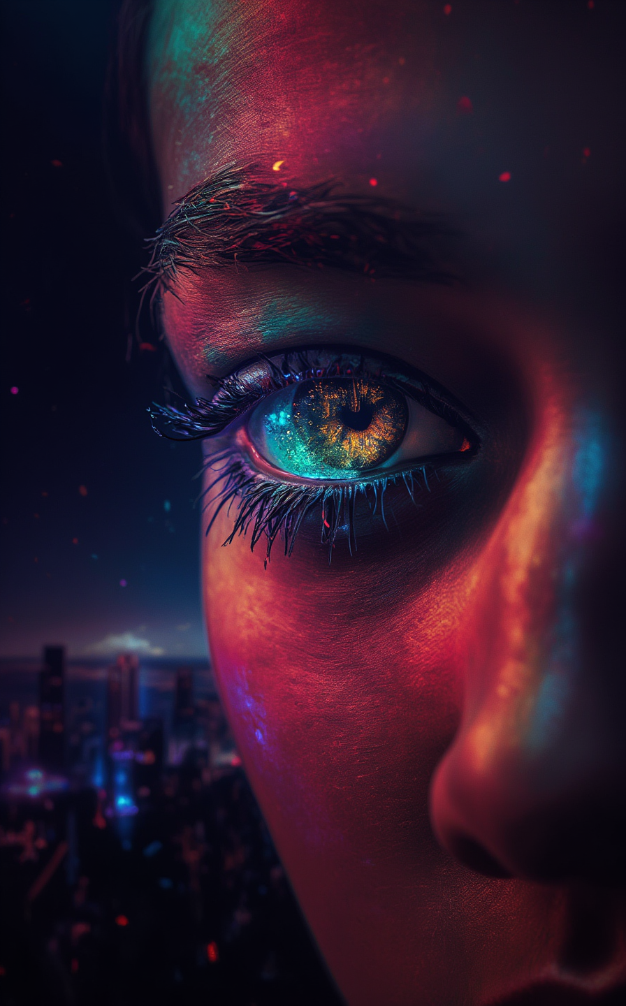 A macro shot of a beautiful woman’s eye, its iris a stunning, vivid color—perhaps a deep emerald green or a rich hazel—framed by long, dark lashes. The eye is captivating at first glance, radiating warmth and life. But as the focus sharpens, a mesmerizing detail emerges: tiny, luminescent lights of various bright colors—electric blue, neon pink, vibrant green—float and swirl within the fluid of her eye. They move slowly, almost dreamily, their glow reflecting off the inner surfaces of her eye, creating a surreal, otherworldly effect. The contrast between the natural beauty of her eye and the unnatural, radiant lights within is both enchanting and unsettling. The delicate veins in the sclera are visible, and the reflection of light on the surface of her eye adds to the ethereal quality of the scene.

The background is blurred, but hints of a futuristic or fantastical environment can be seen—perhaps a cityscape bathed in neon lights or a starry night sky. The lighting is soft yet vivid, emphasizing the glow of the luminescent particles within her eye. Her skin around the eye is flawless, adding to the dissonance between her natural beauty and the mysterious, almost alien presence within. The tiny lights twist and turn, their movements hypnotic, as if they are alive and aware of being observed. The image is both fascinating and haunting, a blend of beauty and the unknown. The woman’s expression is unseen, but the eye itself seems to convey a mix of wonder and melancholy, as if it holds secrets of a world beyond our understanding. The luminescent lights within her eye create a stark contrast to the natural beauty of her gaze, making the scene unforgettable.