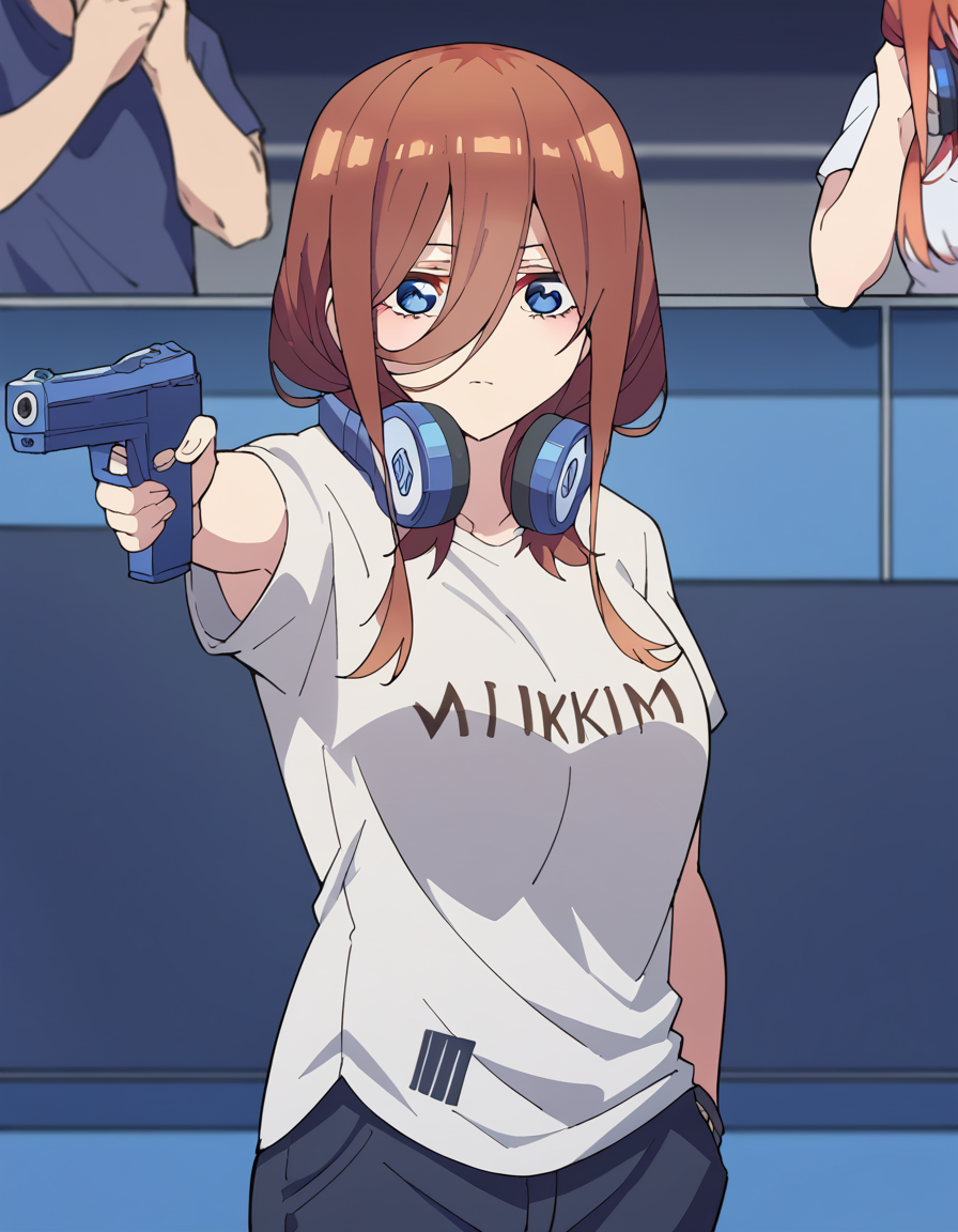 score_9, score_8_up, score_7_up, source_anime, <lora:miku-nakano-s2-ponyxl-lora-nochekaiser:1>, miku nakano, long hair, bangs, blue eyes, brown hair, hair between eyes, headphones, headphones around neck, large breasts,, <lora:yusuf-dikec-ponyxl-lora-nochekaiser:1> yusuf dikec, yusuf dikec (meme), meme, hand in pocket, handgun, holding gun, gun, shirt, t-shirt, pants, audience,, , cowboy shot,