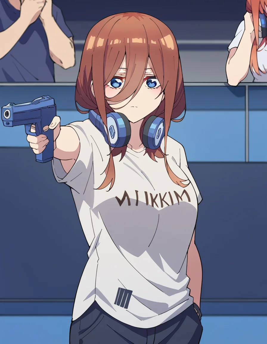 score_9, score_8_up, score_7_up, source_anime, <lora:miku-nakano-s2-ponyxl-lora-nochekaiser:1>, miku nakano, long hair, bangs, blue eyes, brown hair, hair between eyes, headphones, headphones around neck, large breasts,, <lora:yusuf-dikec-ponyxl-lora-nochekaiser:1> yusuf dikec, yusuf dikec (meme), meme, hand in pocket, handgun, holding gun, gun, shirt, t-shirt, pants, audience,, , cowboy shot,