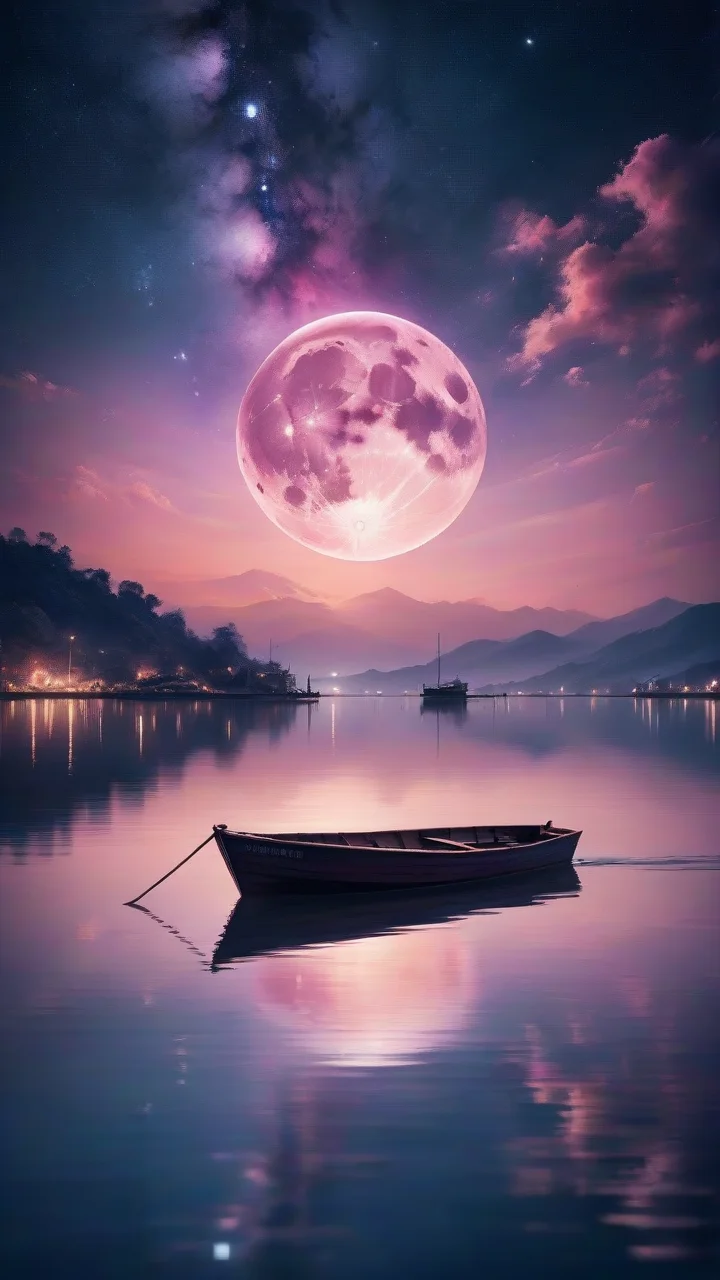 4n1v3rs3, zPDXLrl, Minimalist style, the water is extremely calm, reflecting the reflection of the boat, the background is soft in pink and purple gradient tones, a bright full moon hangs in the sky, a small boat is on the calm water in the distance, and a person is on the boat Paddling leisurely SimplePositiveXLv2