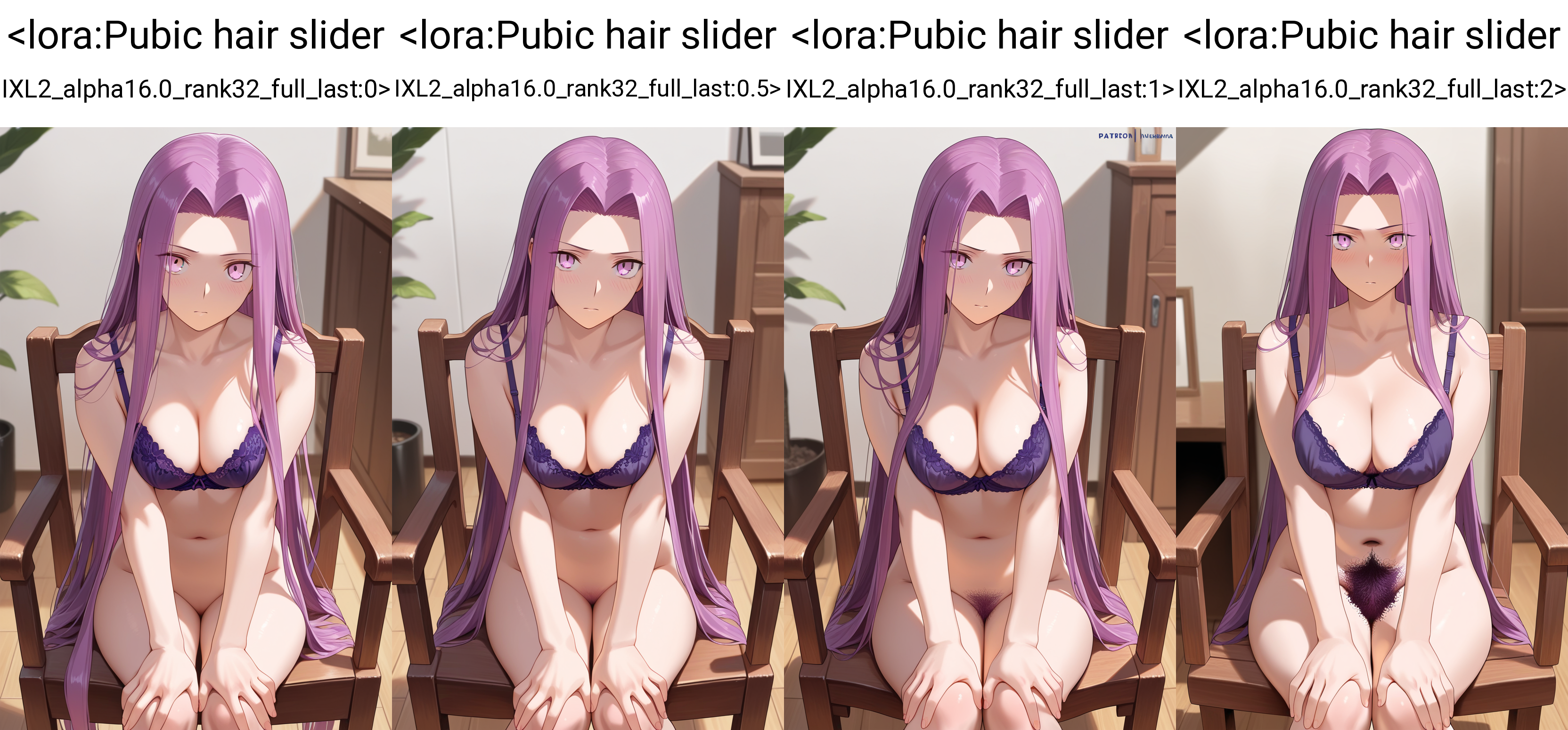 masterpiece, best quality, 1girl, groin, sitting, looking at viewer,  bra, hands on own knees, wooden chair, no panties, medusa \(fate\), purple eyes, purple hair, indoors, medium breasts,  purple bra,     <lora:Pubic hair slider IXL2_alpha16.0_rank32_full_last:0>