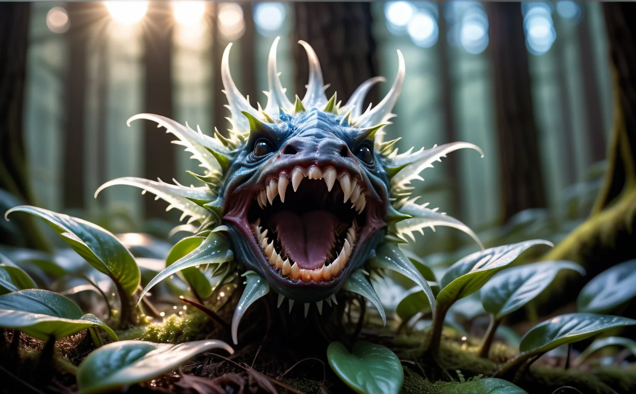 (macro photo), a flesh eating plant with a ethereal complex colors with sharp teeth, a mesmerizing bioluminescent forest, high quality photography, 3 point lighting, flash with softbox, 4k, Canon EOS R3, hdr, smooth, sharp focus, high resolution, award winning photo, 80mm, f2.8, bokeh