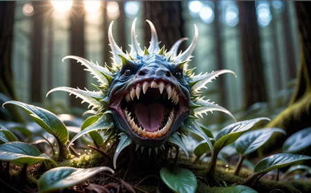 (macro photo), a flesh eating plant with a ethereal complex colors with sharp teeth, a mesmerizing bioluminescent forest, high quality photography, 3 point lighting, flash with softbox, 4k, Canon EOS R3, hdr, smooth, sharp focus, high resolution, award winning photo, 80mm, f2.8, bokeh