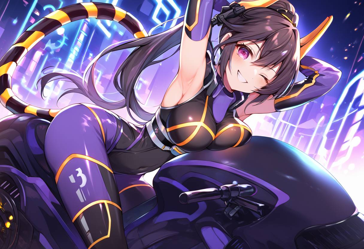 (score_9:0.9),score_8_up,score_7_up,anime style,rating_safe,(zPDXL),<lora: I P Masquerena ponyXL v1:0.65>, i:p masquerena, Purple bodysuit, yellow headgear, mechanical tight tail, official alternate costume, 1girl, solo, one eye closed, large breasts, smile, motorcycle, armpits, looking at viewer, arm behind head, grin, ponytail