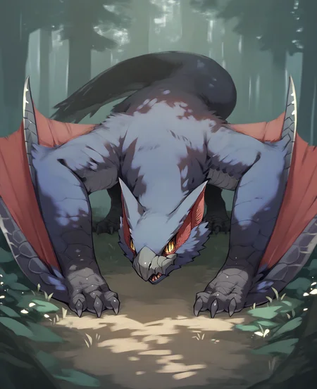 <lora:MH_Nargacuga_a1_1_PDXL:1>,score_9,score_8_up,score_7_up,score_6_up,score_5_up,score_4_up,rim light,source furry,by buta99,three-quarter view,feral,nargacuga,forest,winged arms,yellow eyes,slit pupils,