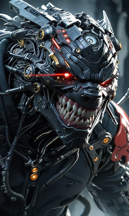 digital artwork that appears to be a concept art piece. It showcases a detailed robotic or cybernetic head with glowing red eyes sharp teeth and intricate mechanical components., <lora:- iLL - the_edgy_mech_V2.0-step000013500:.8>