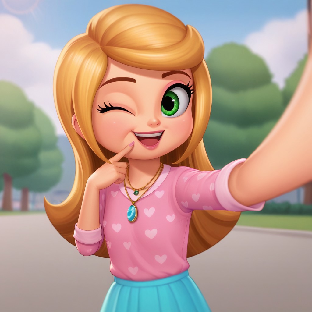score_9, score_8, score_7, BREAK, solo, female child. leah_sas, blonde hair, long hair, green eyes, necklace, skirt, cute, one eye closed, selfie