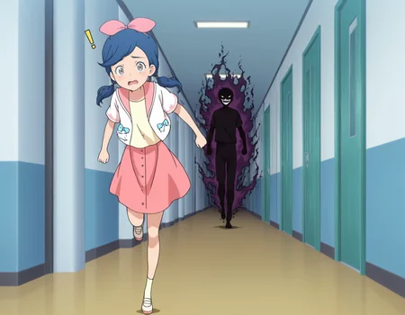 scared expression, beautiful eyes, masterpiece, amazing quality, high resolution, anime screencap, anime screenshot, 1girl, m4n4m1, blue hair ,grey eyes, low twintails, pink hair bow, ,pink jacket ,yellow shirt, pink skirt, scared expression