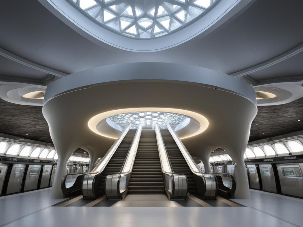 <lora:JJsMetroStation_XL:1>, ((Metro Station)),building,masterpiece , best quality, soft lighting, high quality, indoors,  building, scenery,real world location, sign, sunlight, sky, daytime,  enough detail, high resolution, super realistic, Photorealistic, highly detailed,reflection,glass,  esclator, hall way, curvy ceiling, reflection floor, stairs,