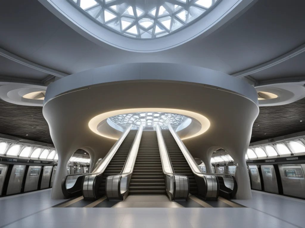 <lora:JJsMetroStation_XL:1>, ((Metro Station)),building,masterpiece , best quality, soft lighting, high quality, indoors, building, scenery,real world location, sign, sunlight, sky, daytime, enough detail, high resolution, super realistic, Photorealistic, highly detailed,reflection,glass, esclator, hall way, curvy ceiling, reflection floor, stairs,