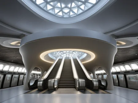 <lora:JJsMetroStation_XL:1>, ((Metro Station)),building,masterpiece , best quality, soft lighting, high quality, indoors,  building, scenery,real world location, sign, sunlight, sky, daytime,  enough detail, high resolution, super realistic, Photorealistic, highly detailed,reflection,glass,  esclator, hall way, curvy ceiling, reflection floor, stairs,