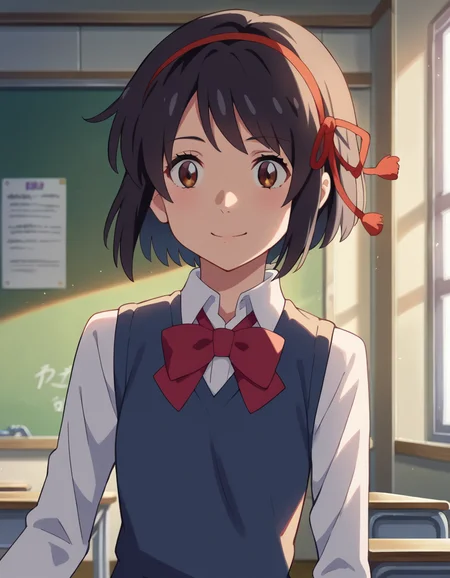 score_9, score_8_up, score_7_up, source_anime,
mitsuhamiyamizu, <lora:mitsuha-miyamizu-ponyxl-lora-nochekaiser:1>,
mitsuha miyamizu, black hair, brown eyes, smile,
short hair, hairband, ribbon, school uniform, hair ribbon, red ribbon, sweater vest, blue sweater vest, shirt, white shirt, collared shirt, long sleeves, skirt, black skirt, pleated skirt,
indoors, classroom,
looking at viewer, dutch angle, cowboy shot, dynamic pose,