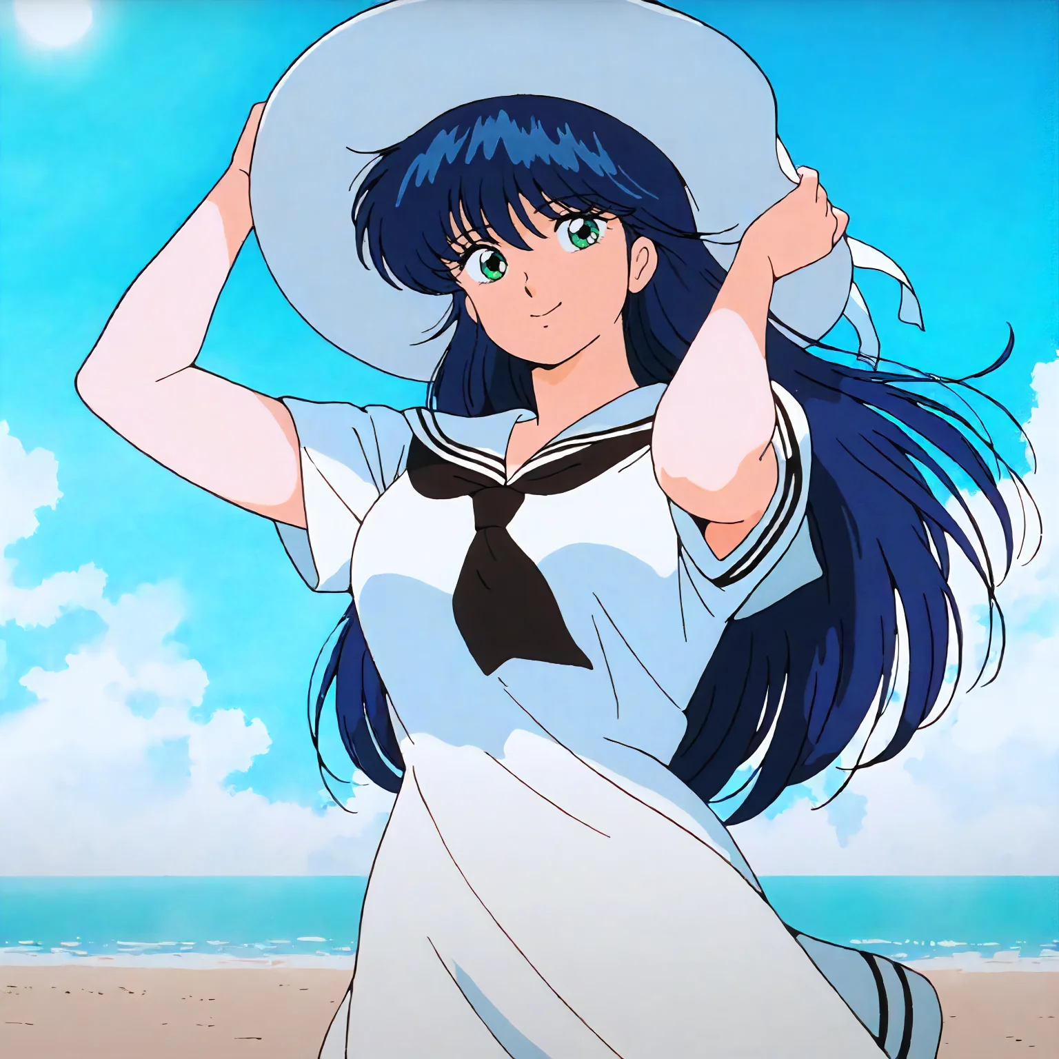 <lora:KOR_MadokaAyukawaXLIllustrious002>,
masterpiece,best quality,good quality,newest,
outdoors,sky,
smile,
looking at viewer,
solo,
MadokaAyukawa,1girl,blue hair,long hair,green eyes,
breasts,
white hat,sun hat,
sailor_dress,