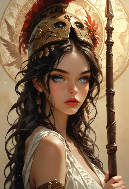 Stable_Yogis_PDXL_Positives, (score_9, score_8_up, score_7_up), ((zPDXL3)), ((zPDXLxxx)), ((1dk, portrait)), ((Greek mythology style)), ((face focus, eye focus, dynamic angle, motion)), 1girl, solo, fantasy, (greek_athena, helmet ontop of head, brown hair, long hair, toga, armor, sandals), (ancient greek clothes), (armor), (holding spear), lace, cape, breathless intimacy, tanned skin, petite model bombshell, heart, young, delicate features, narrow pointy nose, tiny nose, lust, big eyes, seductive eyes, blue eyes, detailed skin, flared lashes, mascara, makeup, perky huge breasts, athletic body, narrow waist, skinny hips, 
warm light, detailed, neon dark party
 BREAK
milky way, runes, arcane, astral, surreal, ethereal glow, masterpiece, best quality, intricate design. colorful, moonlit nightsky, stained glass aesthetic, moody whimsical color palette, murano glass, bold soldering lines, volumetric light shining through, crepuscular rays, intricate craftsmanship, detailed texture, luminous transparency, reflective light play, vivid hues, atmospheric depth, enchanting silhouette, art nouveau,
