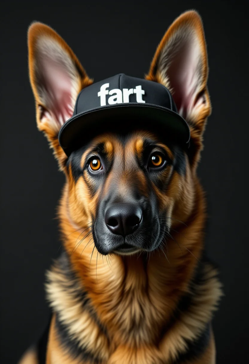<lora:PCB_Image_Enhancer_for_FLUX:0> <lora:KFT_HLA_V3_FLUX-000019:1>
realistic photo of a german shepherd dog wearing a hat with the word "fart" on it.