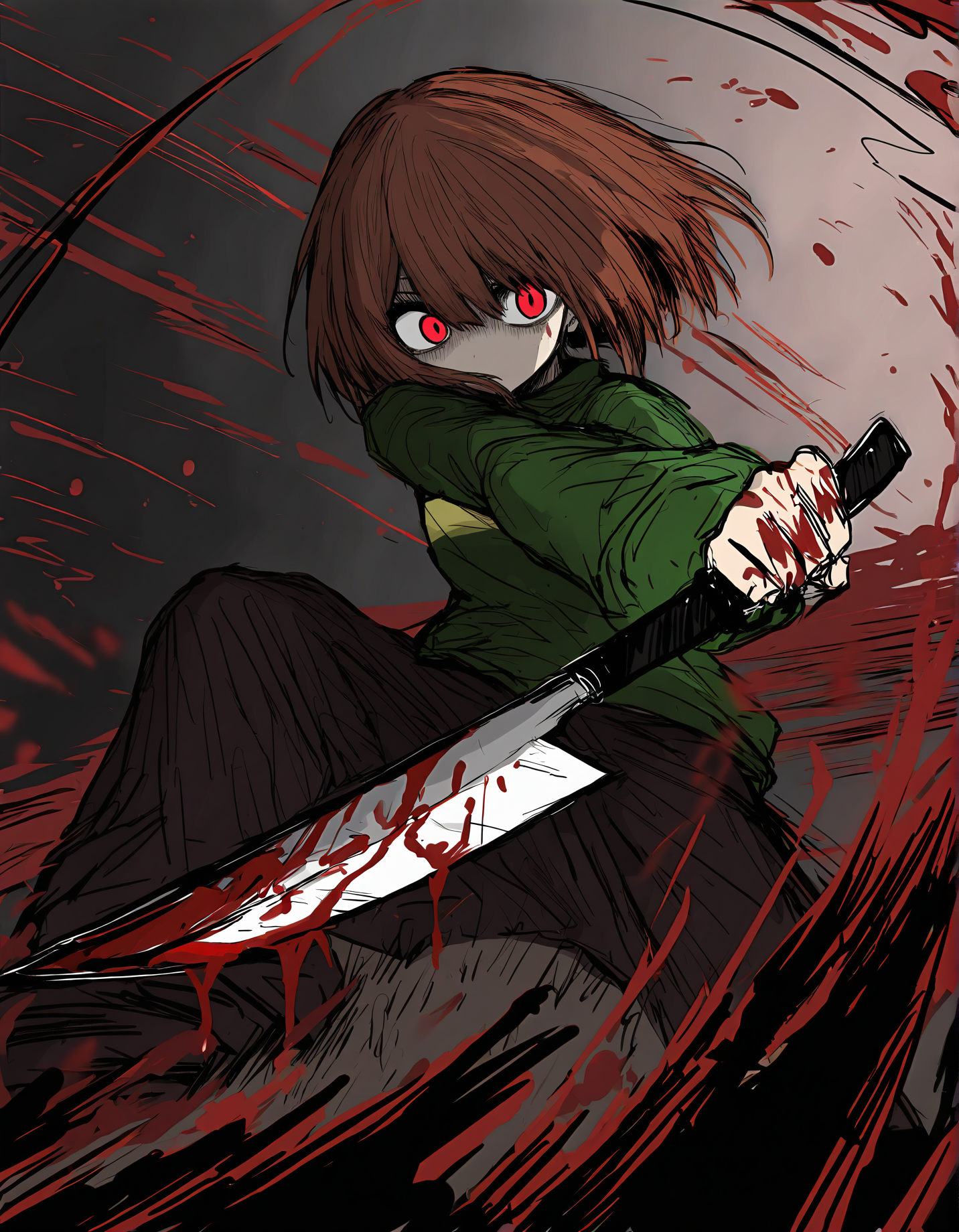 sushi yuusha toro, 1girl, solo, chara \(undertale\), holding knife, blood on knife,
very awa, masterpiece, best quality, year 2024, newest, highres, absurdres, <lora:black-souls-style-noobai-vpred10-prodigy-DoRA-debiased:1>