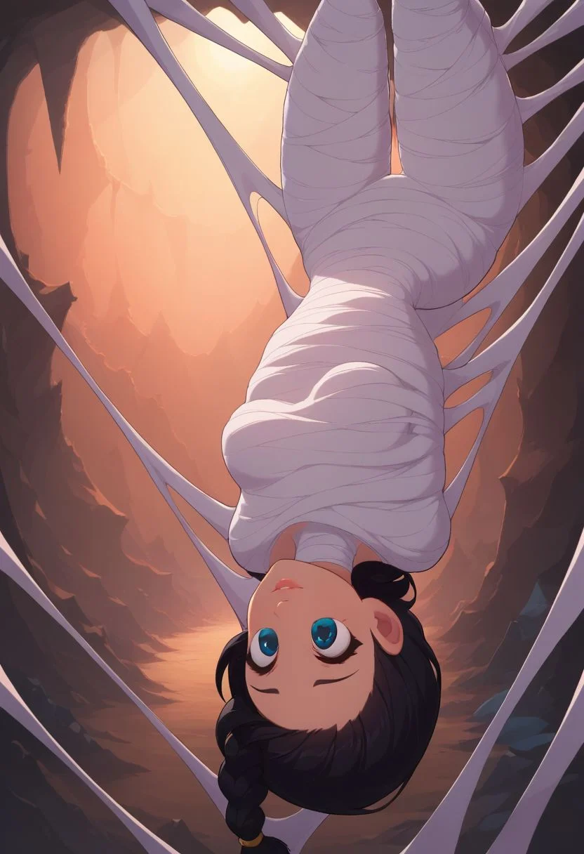 score_9, score_8_up, score_7_up,
1girl, lips, big clear eyes, blue eyes, adult, 18 years old, black hair, (single braid: 1.2), (bright eyes:1.2), (medium breasts), solo, (skinny), cute, eyelashes, firm breasts, (petite girl), ((upside down)), pretty girl, spdrwrp, restrained, cave, ((spider nearby:1.4)),, light smile, close-up, aroused, bdsm,