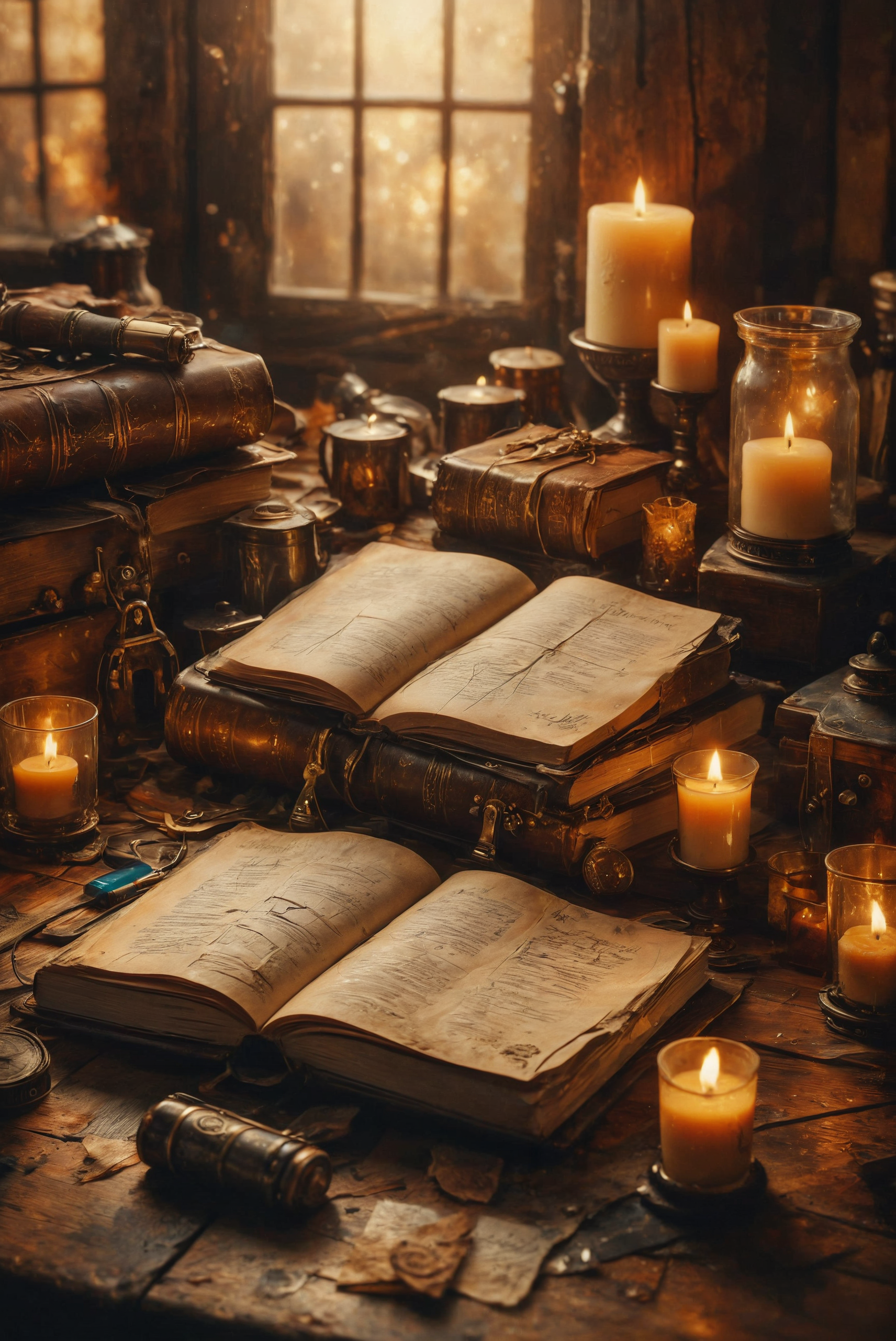 close-up of An ancient leather notebook with worn corners and numerous scratches and scuffs. The edges of the pages show visible signs of age, with many of them frayed. Page markers protrude at various spots. The book rests on an old wooden table, illuminated by beige candles.
deep depth of field, photography, Natural geographic photo, Hyper-realistic, 16k resolution, (masterpiece, award winning artwork), many details, extreme detailed, full of details, Wide range of colors, high Dynamic,
<lora:add-detail-xl:2> ,  <lora:MJ52:0.5> <lora:SDXLFaeTastic2400:0.8> Faetastic  <lora:DoubleExposure:0.6> double exposure, merging