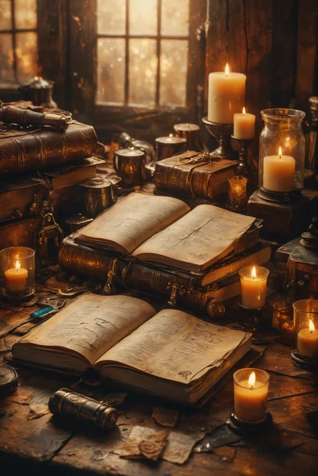 close-up of An ancient leather notebook with worn corners and numerous scratches and scuffs. The edges of the pages show visible signs of age, with many of them frayed. Page markers protrude at various spots. The book rests on an old wooden table, illuminated by beige candles.
deep depth of field, photography, Natural geographic photo, Hyper-realistic, 16k resolution, (masterpiece, award winning artwork), many details, extreme detailed, full of details, Wide range of colors, high Dynamic,
<lora:add-detail-xl:2> , <lora:MJ52:0.5> <lora:SDXLFaeTastic2400:0.8> Faetastic <lora:DoubleExposure:0.6> double exposure, merging