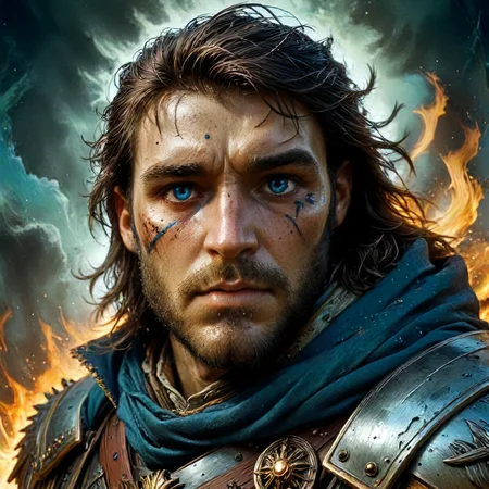 <lora:npcportrait_v2:1> npcp, Portrait of an aasimar warpriest battle-worn yet resolute, his eyes fierce with divine purpose. Fantasy style. <lora:add-detail-xl:0.195> <lora:MJ52:0.31> <lora:xl_more_art-full_v1:0.185> <lora:RMSDXL_Darkness_Cinema:0.31> <lora:RMSDXL_Creative:0.26> <lora:d\EnvyAwesomizeXL01:0.8> awesomize <lora:dg_DougXL:1> dg_DougXL <lora:dare_stunning_action_notrigger:1>