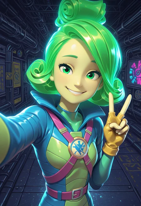Graphic Design, color art, vibrant colors, colorful, intricate details, high contrast, detailed background, beautiful detailed, beautiful face, detailed eyes, detailed face, new, 1girl. solo, v3rt4, green hair, green eyes, bodysuit, gloves, fingerless gloves, belt, factory, smile, v, selfie, perspective, upper body, light smile, (masterpiece, best quality, newest, recent, absurdres),