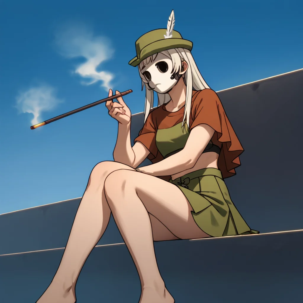 score_9, score_8_up, score_7_up, score_6_up, score_5_up, score_4_up, source_anime, WeißeFeder, mask, green hat, white feather, green skirt, sitting, smoking, relaxing