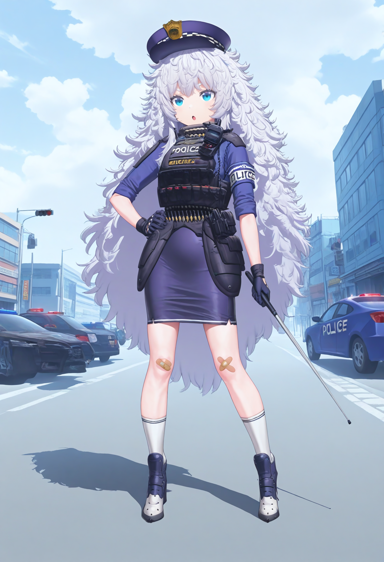 best hands, <lora:mn_poli_IL1.4:1> 
holding baton, hand on own hip, 
mn_poli, official art, 1girl, white very long Messy Hair, aqua eyes, :o,
uniform, blue shirt, armband, police uniform, policewoman, scope, bulletproof vest, walkie-talkie, pencil skirt, black gloves, white socks, bandaid on knee, Footwear, Bullet Belt, Policeman's hat,
BREAK outdoors, street, Intersection, traffic lights, cars, day, cloudy sky, shadow,