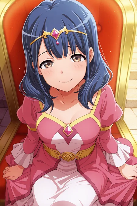 masterpiece, best quality, amazing quality,
<lora:Kaoruko_IL:1> kaoruko, 1girl, solo, sitting, smile, dress, blue hair, brown eyes, looking at viewer, circlet
