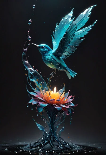 A bird, 
amazingly fluid, 
detailed, 
3d fractals, 
light particles, 
water drops, 
shimmering light, 
dreamy, 
surreal, 
alcohol ink, 
smooth, 
shimmering, 
dreamy glow, 
conceptual art by Alberto Seveso, 
Anna Dittmann, 
Arthur Rackham, 
16k