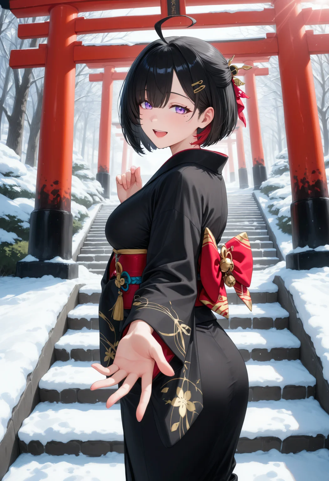 <lora:Char_Yumia_Liessfeldt:1>, purple eyes, colored inner hair, black hair, red hair, bob cut, ahoge, mole under eye, hair ornament, hairclip, hair behind ear,
black kimono, looking back, looking at viewer,
walking, stairs, trees, snow, red torii, from side, sunlight, reaching towards viewer, open mouth, smile, very awa, masterpiece, best quality, highres, absurdres