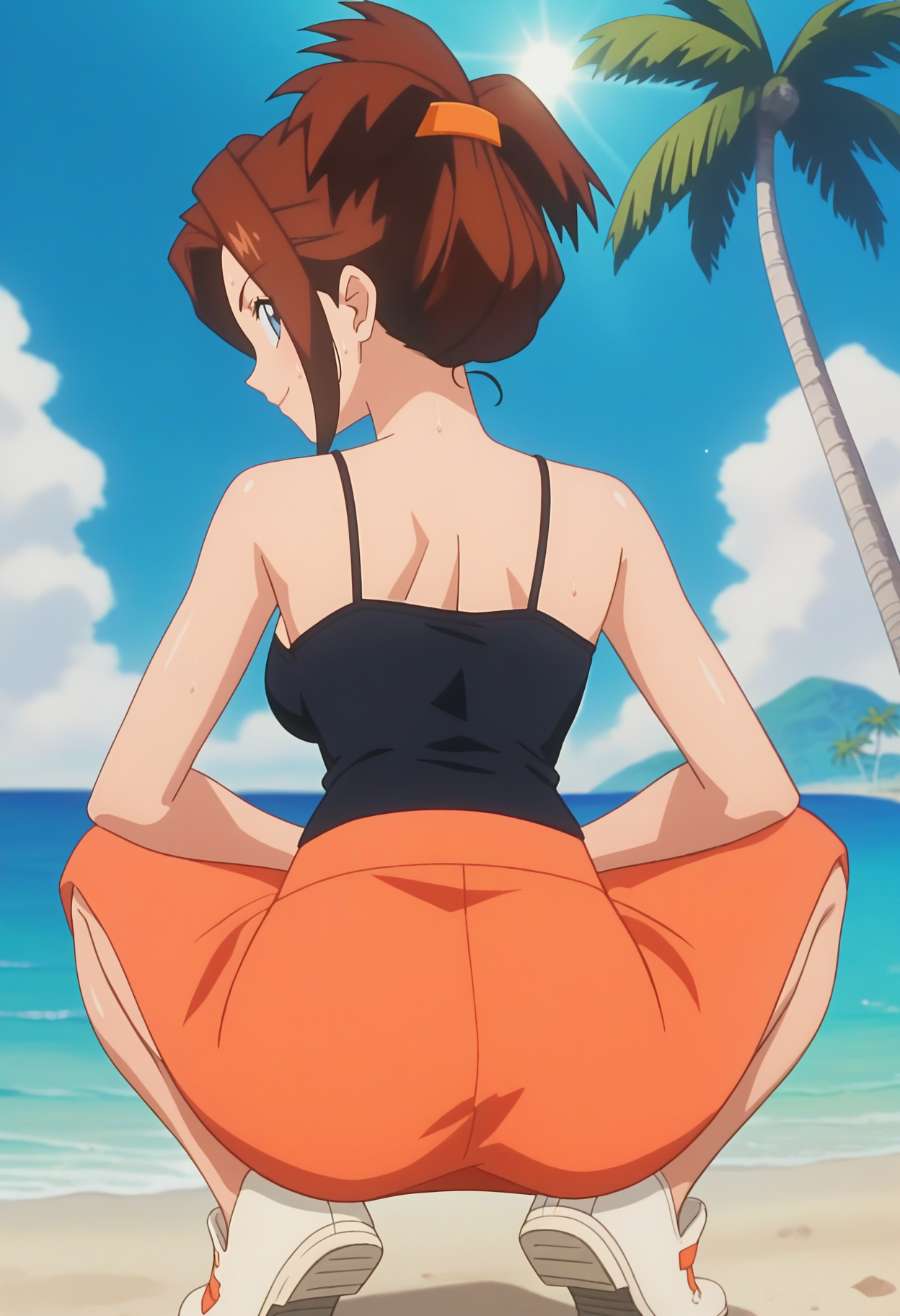 score_9, score_8_up, score_7_up, score_6_up, anime screencap, anime coloring, <lora:PMCissy_epoch_10:0.9>, PMCissy, 1girl, solo, brown hair, short hair, folded ponytail, blue eyes, breasts,
black camisole, orange skirt, long skirt,
white shoes,
shiny skin, sweat, 
from behind, looking at viewer, squatting, smile, legs together, arms on knees, 
BREAK sunlight, light rays, palm tree,