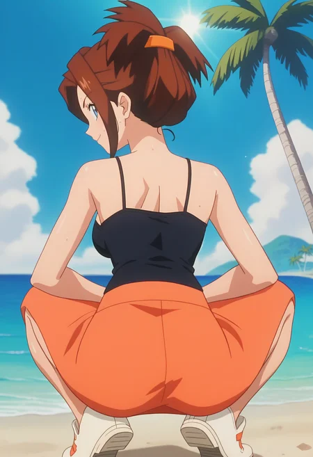 score_9, score_8_up, score_7_up, score_6_up, anime screencap, anime coloring, <lora:PMCissy_epoch_10:0.9>, PMCissy, 1girl, solo, brown hair, short hair, folded ponytail, blue eyes, breasts,
black camisole, orange skirt, long skirt,
white shoes,
shiny skin, sweat, 
from behind, looking at viewer, squatting, smile, legs together, arms on knees, 
BREAK sunlight, light rays, palm tree,
