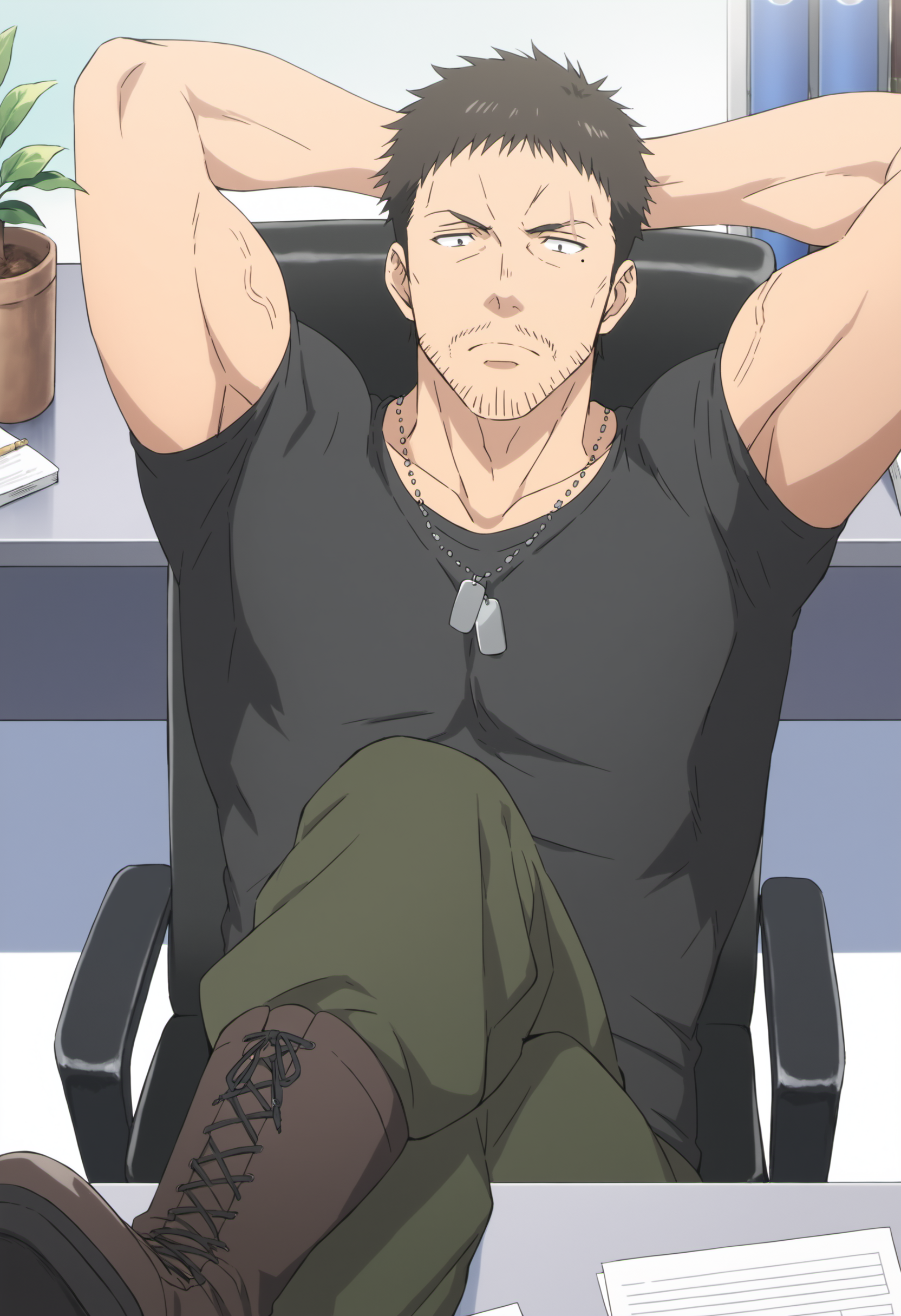 1boy, wolfgangcaptain_80000, black hair, veiny arms, tight black shirt, black eyes, dog tag, stubble, mole under eyes, scar over eyebrow, score_8_up, score_7_up, score_6_up, score_9_up, muscle, stocky body, big muscular,  big arms, mddle-age man, , a man at in office,  centered, looking at viewer, face_focus, detailed eyes, 8k uhd, high quality, anime color, lying on office chair, hands behind head, from above, legs on table, boots, crossed_legs