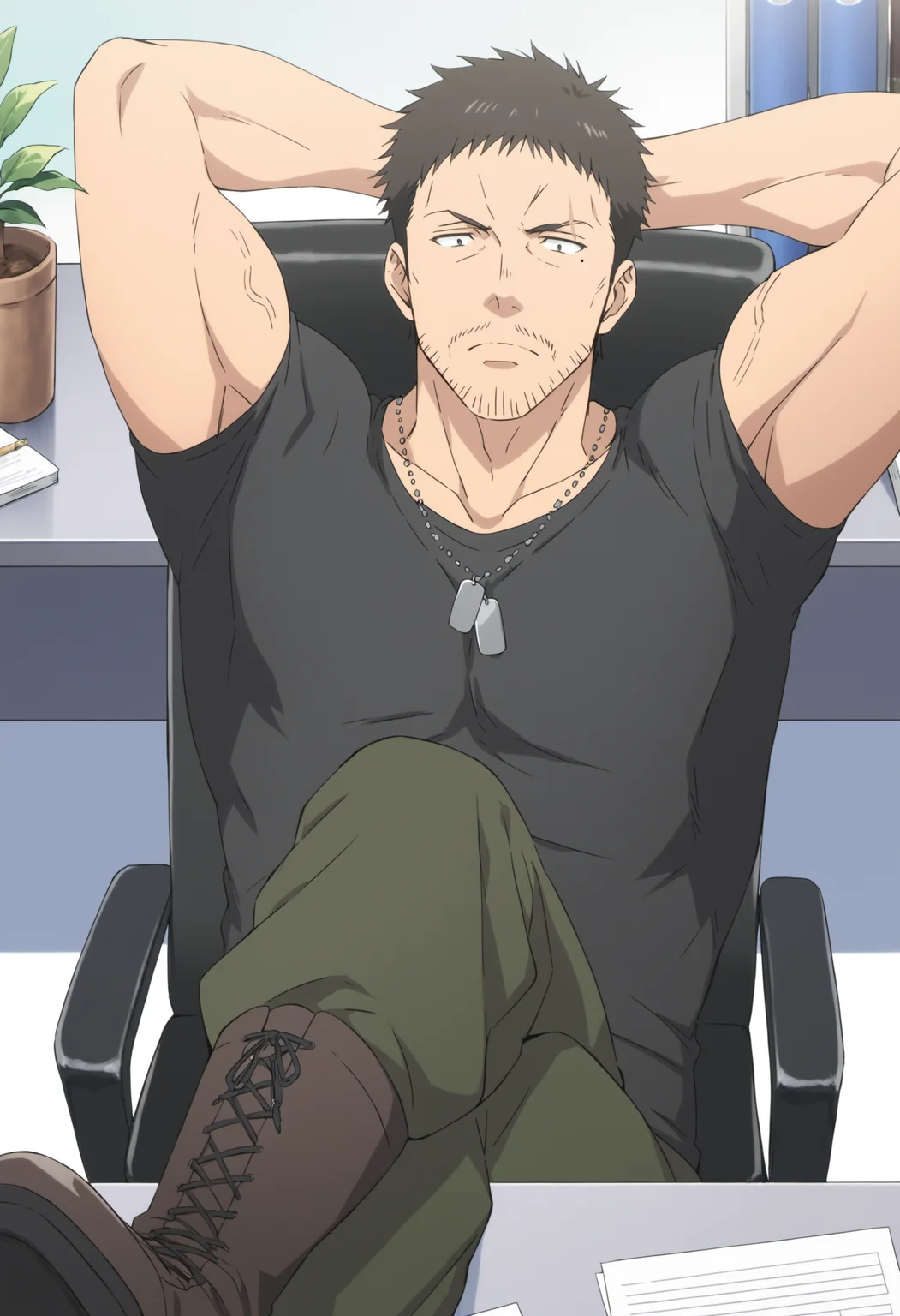1boy, wolfgangcaptain_80000, black hair, veiny arms, tight black shirt, black eyes, dog tag, stubble, mole under eyes, scar over eyebrow, score_8_up, score_7_up, score_6_up, score_9_up, muscle, stocky body, big muscular,  big arms, mddle-age man, , a man at in office,  centered, looking at viewer, face_focus, detailed eyes, 8k uhd, high quality, anime color, lying on office chair, hands behind head, from above, legs on table, boots, crossed_legs