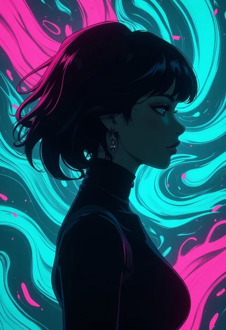 Silhouette of a young woman, profile view, with vibrant, stylized features. Dark, flowing hair with streaks of hot pink, contrasted against a backdrop of swirling, teal and magenta abstract forms. The woman's expression is serene, her gaze directed off to the side. Dark, solid forms create her silhouette. Vibrant teal and magenta abstract shapes swirl around her, creating a dynamic, almost ethereal atmosphere. Deep blacks and dark blues dominate the color palette. Bright magenta and teal highlights add a pop of color, and create a striking contrast. The composition emphasizes the silhouette and the surrounding abstract design, suggesting a dreamy, futuristic, or anime-inspired aesthetic. The piece utilizes a bold, expressive style reminiscent of graphic design and anime art. Texture appears fluid, with abstract, painterly brushstrokes that suggest movement and energy. Atmospheric lighting creates a strong contrast between light and shadow, emphasizing the silhouette. The perspective is a three-quarter profile shot, focusing on the woman's features and posture. Style: stylized, dynamic, painterly. Mood: contemplative, energetic,