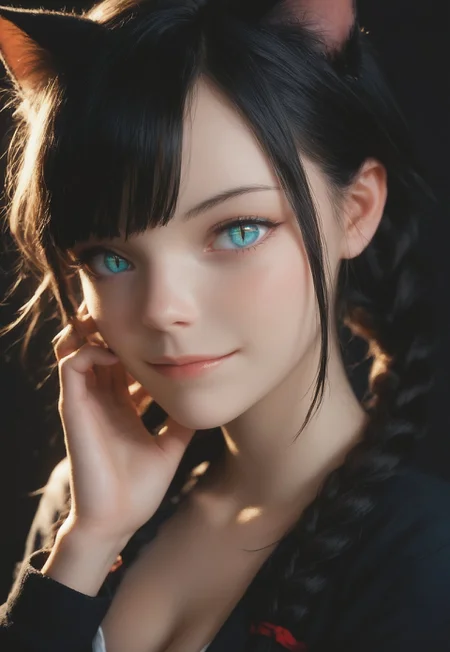 safe_pos, score_9, score_8_up, score_7_up, score_6_up, dark background, lilykat, (kawaii girl), 18 years old, perfect face, cute, petite, slit pupils, looking at viewer, black hair, twin braids, asymmetrical bangs, bangs over one eye,
school uniform, ((medium breasts:1.7, cleavage:1.2)),
shy smile, shy pose, waist up, detailed face