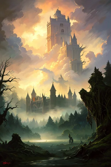 hyperrealism oil painting, ghost of the castle,
thunderstorm, and many small clouds, and slightly cloudy, fantasy forest,
an expansive ancient forest, featuring towering oaks, diverse wildlife, a variety of flora,FanRu,guiguai,
{dawn|dusk|night},