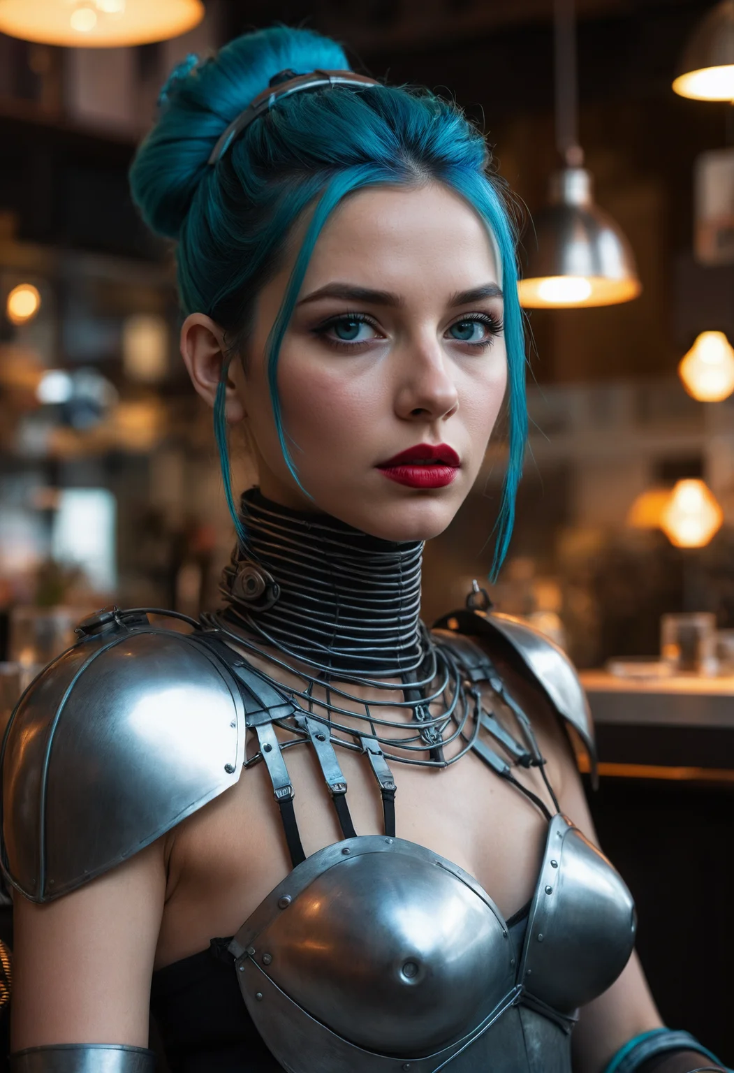Promotional photo featuring a young greek woman, sitting in a scifi cafe with outdoor seating and virtual lighting highlighting her slender features from the top. The three quarter view shot's composition centers on the woman's face, giving only a glimpse of her narrow shoulders, accentuated by an armor-like avant-garde neck adornment. Her protruding blue eyes are adorned by edgy mascara emphasized by long false lashes in an avant-garde style, in addition to matte red lipstick on her narrow lips. Her teal hair is styled into a big updo style. Her expression seems interested and blissful, her head tilted down, looking upwards, emphasizing the sanguine mood of the image. Her top is made from a rough material featuring a silver structure, emerging from a metal neck-adornment and extending upwards in front of her face. The cage-like face-shield is covering one side of her face like part of an armor, resembling a knight's gorget, creating an otherworldly and gothic style. The scene is set in a cafe with a scifi atmosphere and outdoor seating featuring floating virtual light sources in a wireframe design.